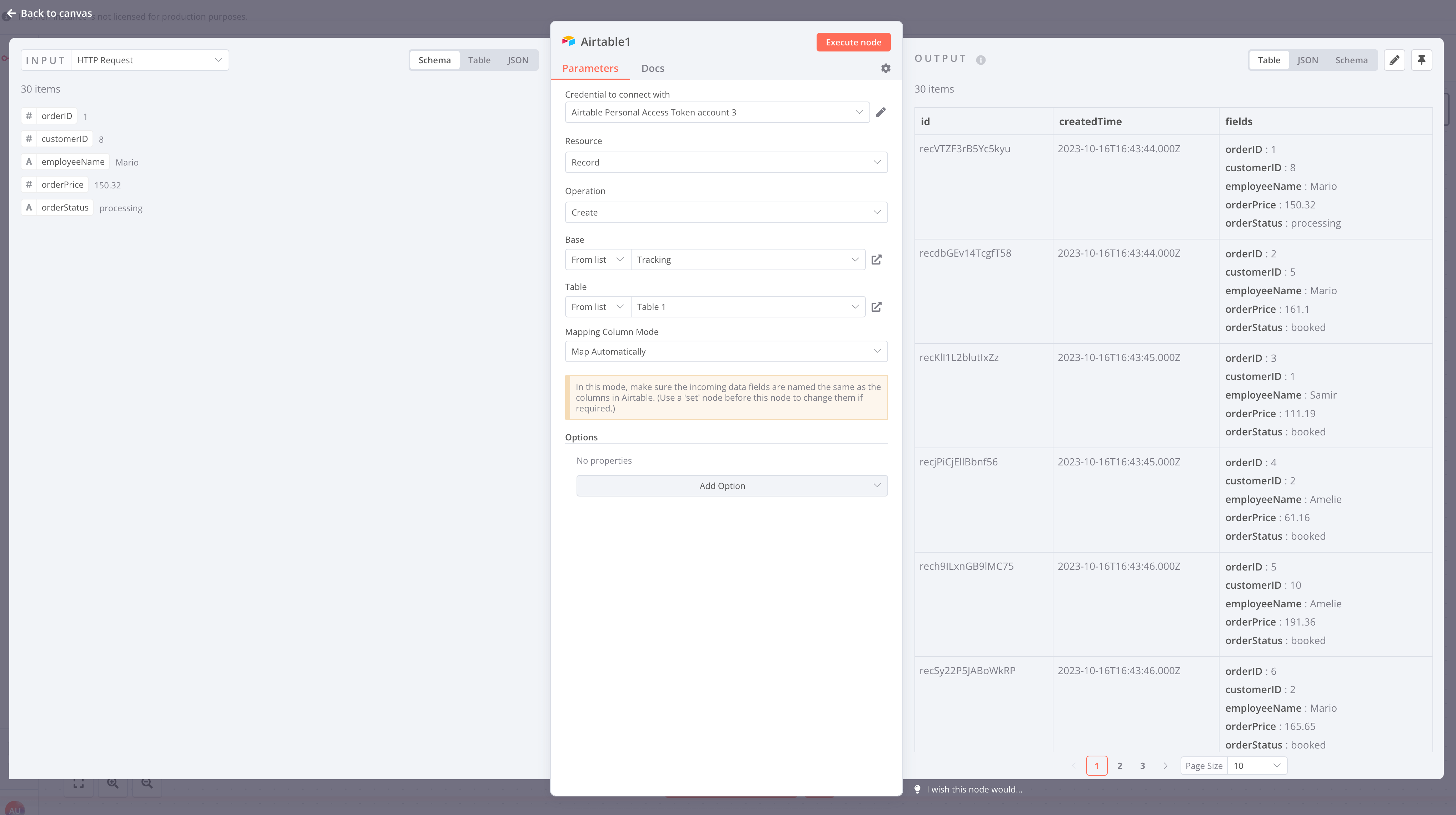 Airtable node results