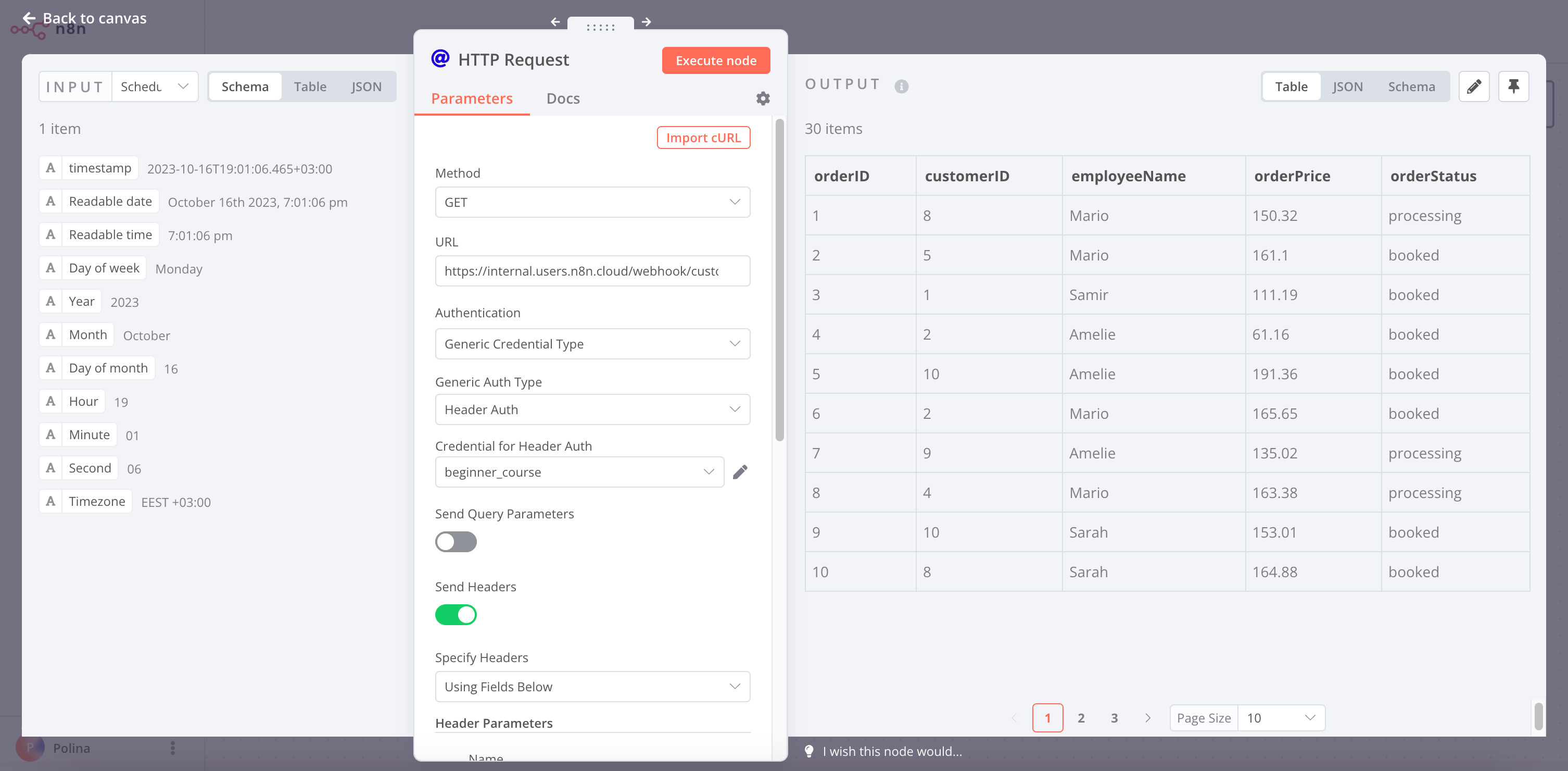 HTTP Request node window