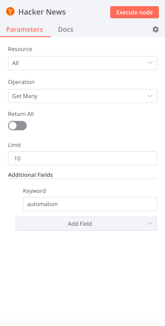 Hacker News node parameters