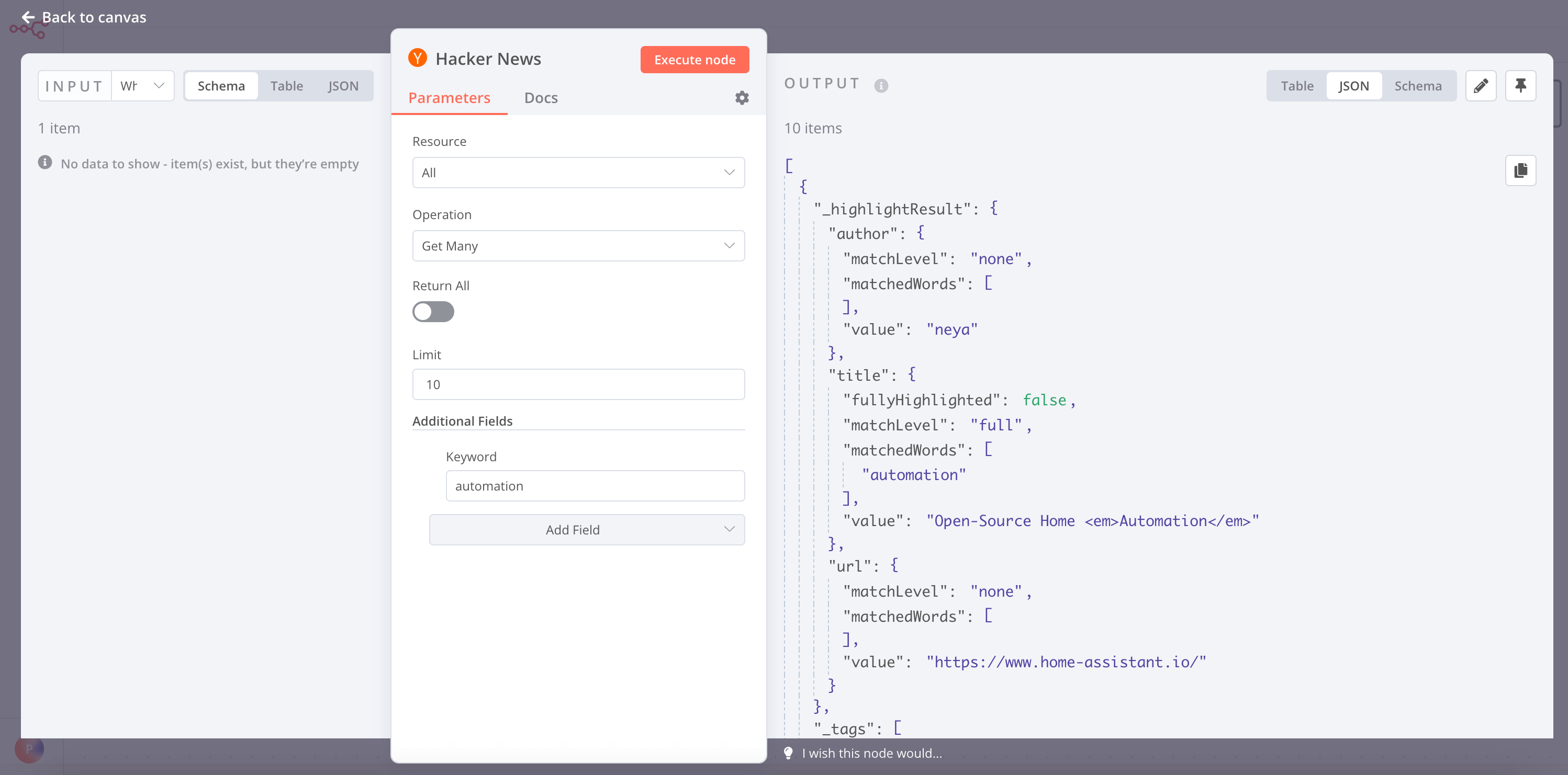 Results in JSON view for the Hacker News node