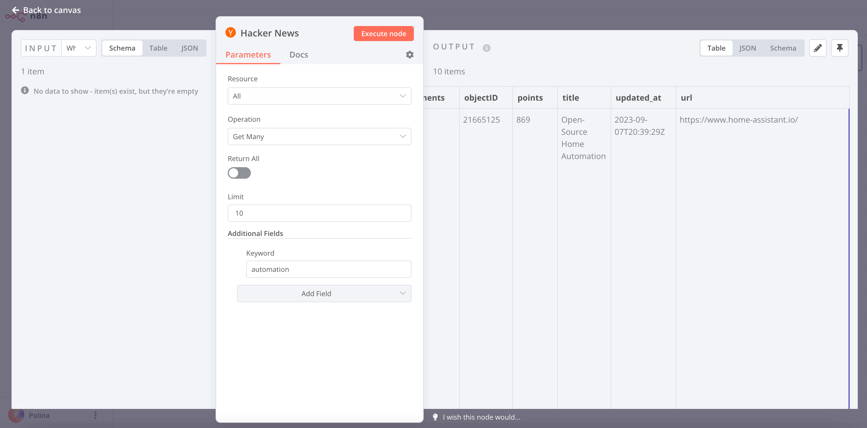 Results in Table view for the Hacker News node